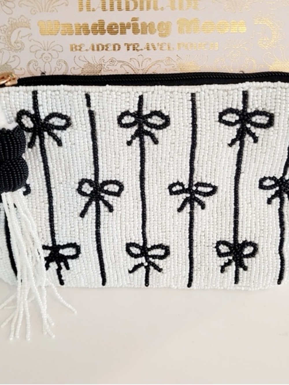 Beaded Black & White Bow Pattern Wristlet Clutch
